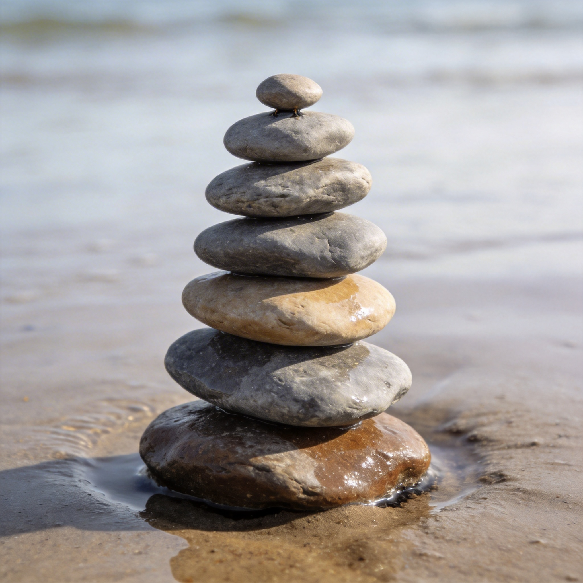 Seedream 4.5 - Balanced rock cairn of seven smooth river stones stacked from largest to smallest on a beach at low tide, each stone's center of gravity precisely aligned with the one below, the top stone barely the size of a thumb, visible contact points between stones showing how the stack distributes weight, wet sand beneath the base stone slightly compressed from the load
