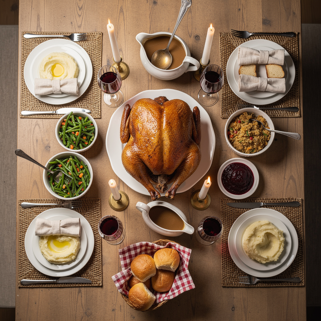 FLUX.2 Pro - Overhead food photography of a fully set Thanksgiving dinner table for eight guests, turkey as centerpiece on an elevated platter showing golden crispy skin with proper convex breast shape from roasting, gravy boat with visible liquid level and ladle resting at a natural angle, stacked dinner plates at each setting with cloth napkins folded into bishop's mitre shapes standing upright, wine glasses filled to the appropriate one-third level, bread rolls in a basket lined with checkered cloth, multiple side dishes in serving bowls with serving spoons resting at angles dictated by bowl rim curvature, cranberry sauce maintaining its cylindrical shape after removal from can, tall taper candles in brass holders with flames, shot on Phase One IQ4 150MP with Schneider 80mm LS, tethered to Capture One with precise color calibration