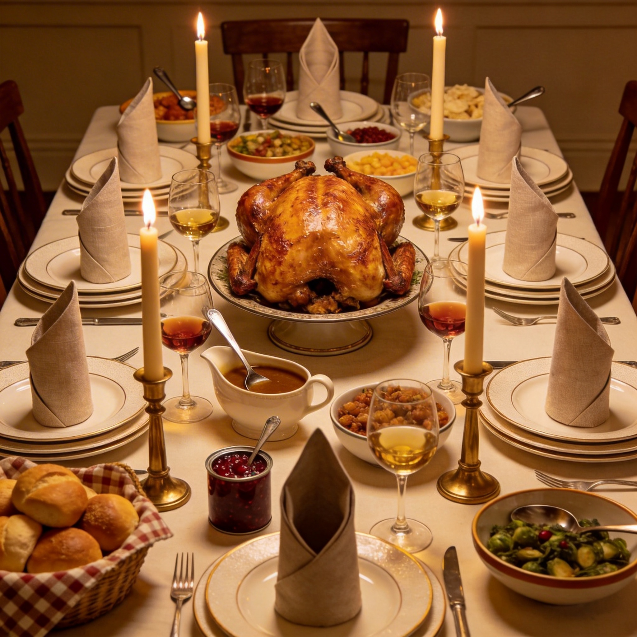 Seedream 4.5 - Overhead food photography of a fully set Thanksgiving dinner table for eight guests, turkey as centerpiece on an elevated platter showing golden crispy skin with proper convex breast shape from roasting, gravy boat with visible liquid level and ladle resting at a natural angle, stacked dinner plates at each setting with cloth napkins folded into bishop's mitre shapes standing upright, wine glasses filled to the appropriate one-third level, bread rolls in a basket lined with checkered cloth, multiple side dishes in serving bowls with serving spoons resting at angles dictated by bowl rim curvature, cranberry sauce maintaining its cylindrical shape after removal from can, tall taper candles in brass holders with flames, shot on Phase One IQ4 150MP with Schneider 80mm LS, tethered to Capture One with precise color calibration