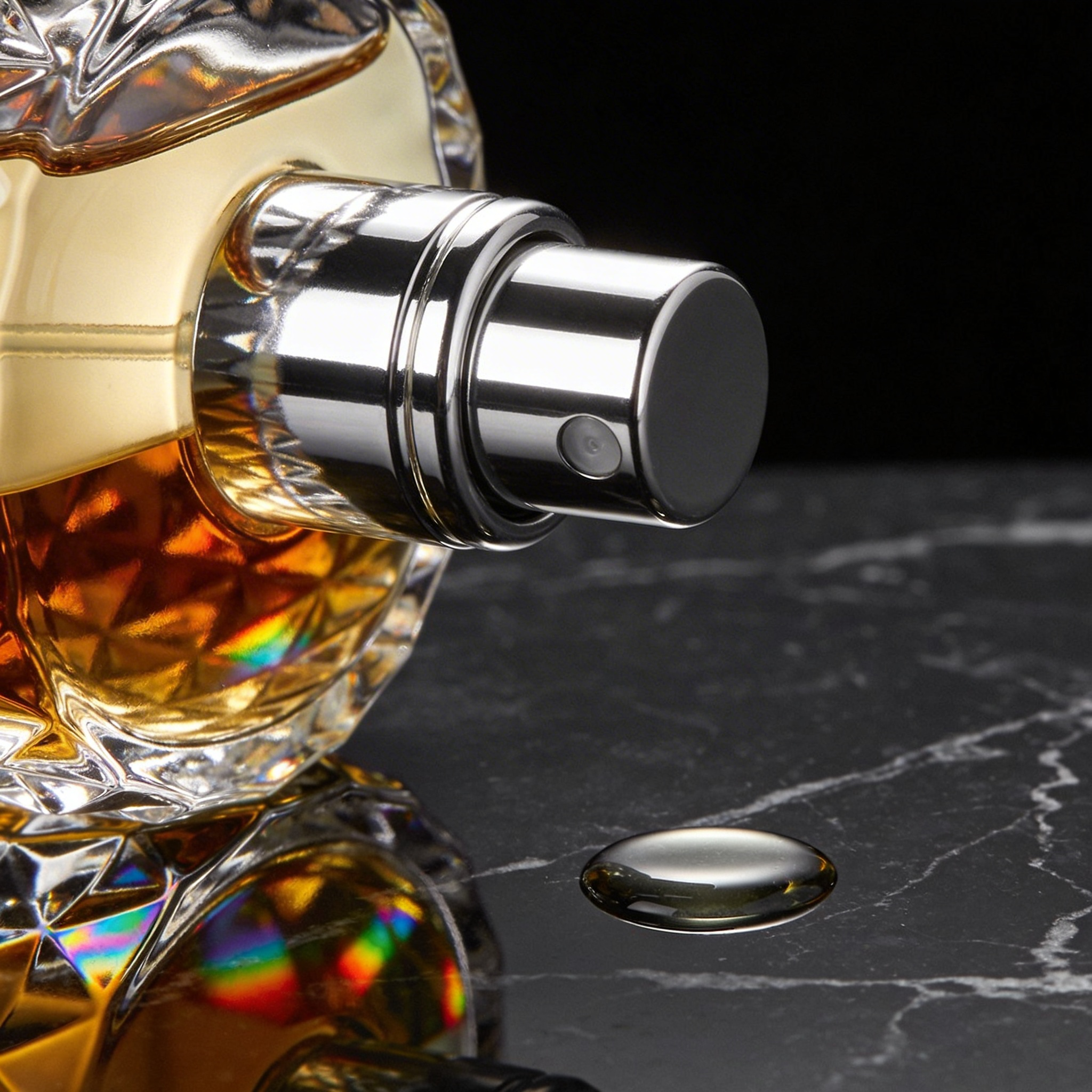 Seedream 4.5 - High-end commercial photography of a luxury perfume bottle on a black marble surface, the heavy cut crystal bottle refracting an intricate rainbow caustic pattern onto the surface below, liquid inside showing a subtle gradient from pale gold at the top to deeper amber at the bottom due to light absorption through depth, the atomizer's metal collar showing fingerprint-free mirror polish reflecting the studio softbox as a clean rectangular highlight, a single drop of perfume on the marble beside the bottle forming a perfect meniscus with surface tension visible at the edges, background transitioning to pure black with no visible horizon line, Profoto D2 key light with 3-foot octabox camera left, accent strip light camera right for edge definition, shot on Sony A7RV with 90mm G Master macro at f/11