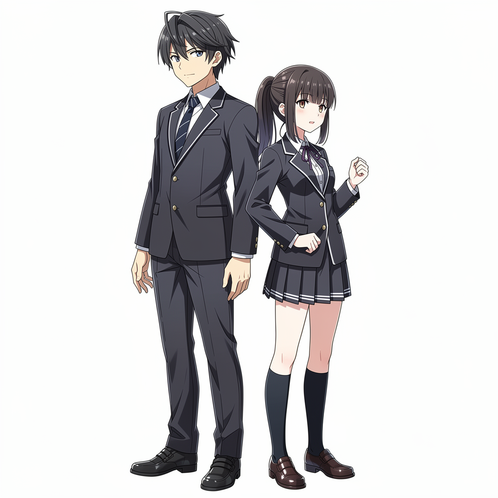 FLUX.2 Pro - Anime character design of twin siblings standing back-to-back, a brother and sister with shared family resemblance in eye shape and jawline but distinct individual features, the brother slightly taller with broader shoulders, both in matching school uniforms with correctly mirrored button placement, four hands total all with proper five-finger anatomy in different positions, detailed hair with individual strand groups