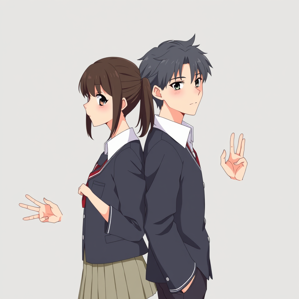Flux Schnell - Anime character design of twin siblings standing back-to-back, a brother and sister with shared family resemblance in eye shape and jawline but distinct individual features, the brother slightly taller with broader shoulders, both in matching school uniforms with correctly mirrored button placement, four hands total all with proper five-finger anatomy in different positions, detailed hair with individual strand groups