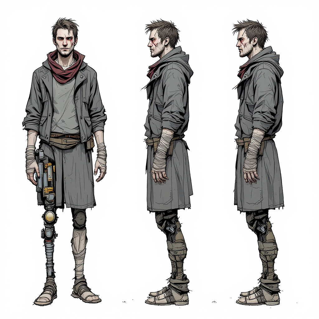 FLUX 1.1 Pro - Concept art turnaround sheet of a post-apocalyptic wanderer showing front, side, and three-quarter views