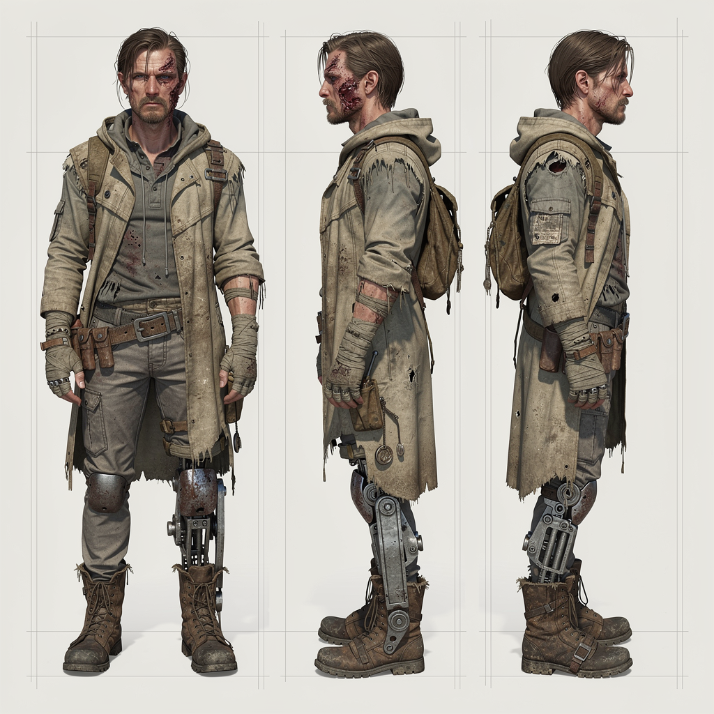 FLUX.2 Max - Concept art turnaround sheet of a post-apocalyptic wanderer showing front, side, and three-quarter views