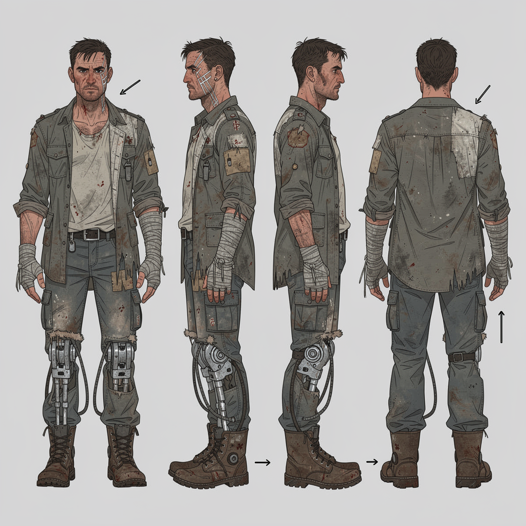 FLUX.2 Pro - Concept art turnaround sheet of a post-apocalyptic wanderer showing front, side, and three-quarter views