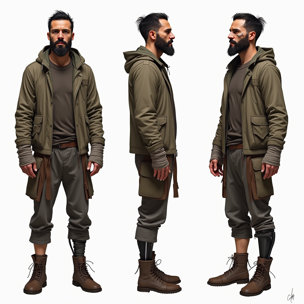 Flux Dev - Concept art turnaround sheet of a post-apocalyptic wanderer showing front, side, and three-quarter views