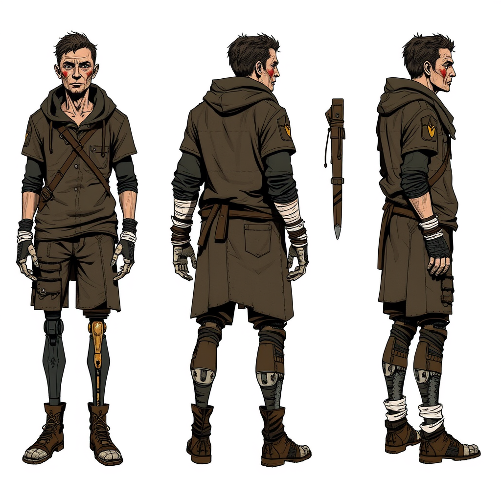Flux Schnell - Concept art turnaround sheet of a post-apocalyptic wanderer showing front, side, and three-quarter views