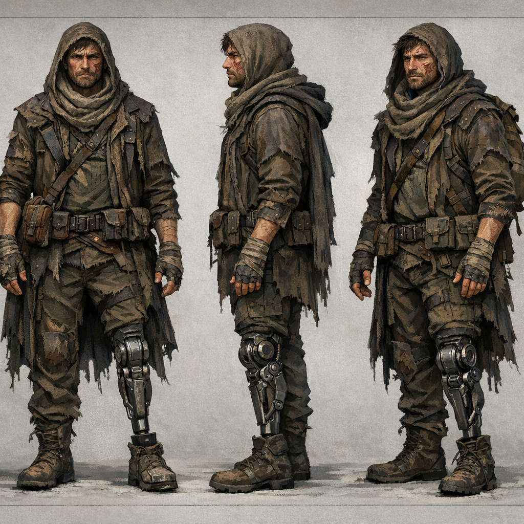 GPT Image 1.5 - Concept art turnaround sheet of a post-apocalyptic wanderer showing front, side, and three-quarter views, consistent proportions across all views with matching height and build, weathered face with asymmetric scarring on the right cheek, prosthetic left leg visible below the knee with mechanical joint detail, layered clothing showing correct overlap and material weight, hands wrapped in dirty bandages with fingertips exposed