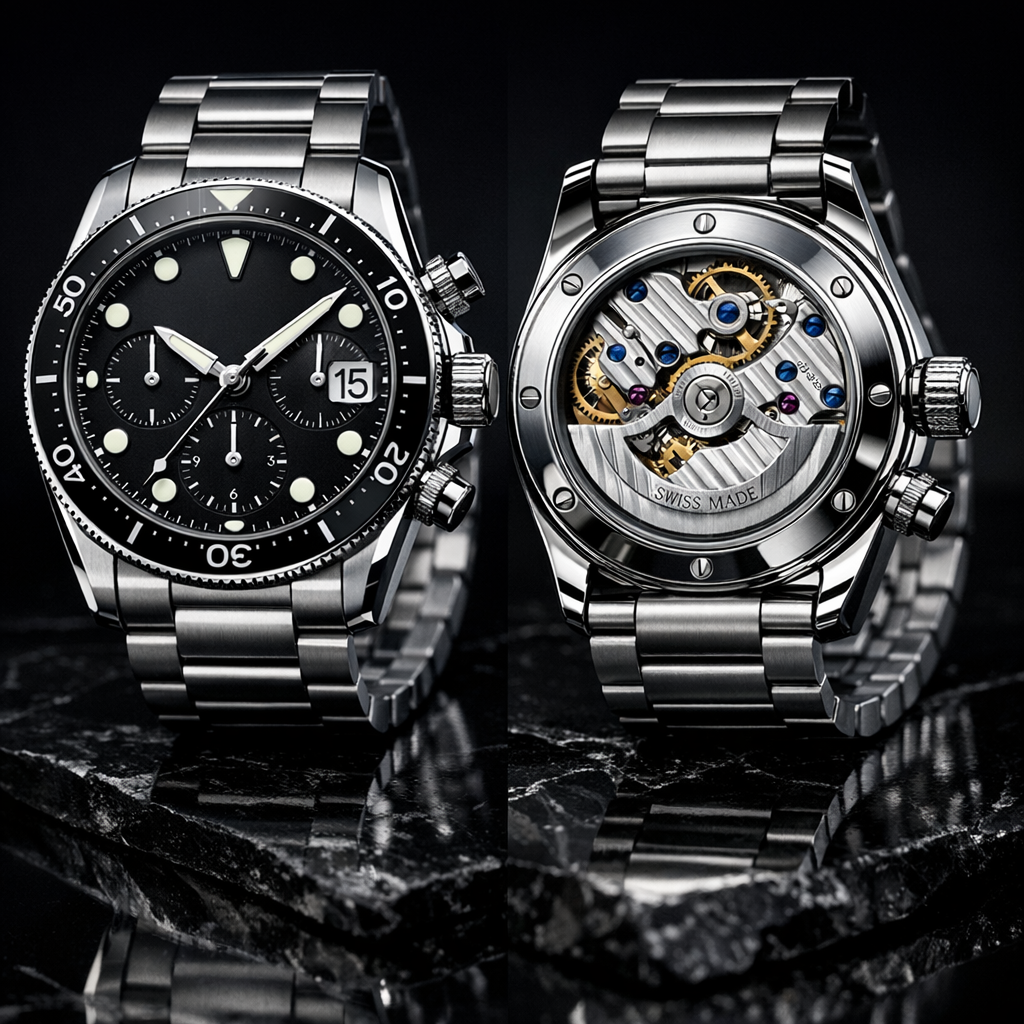 GPT Image 1.5 - Commercial product photograph of a luxury Swiss automatic watch on a polished obsidian surface, the dial showing correct hour marker placement at all twelve positions with matching lume pip sizes, three sub-dials for chronograph functions with properly scaled subsidiary hands, date window at three o'clock magnified by cyclops lens showing the number 15 in correct font, crown and two pushers on the right side with knurled grip texture at accurate scale, exhibition caseback revealing the decorated movement with Geneva stripes on the rotor and blued steel screws in the bridge plates, bracelet links showing progressive size reduction from the case to the clasp, shot with focus stacking on a Fujifilm GFX 100S with 120mm GF Macro at f/5.6, Broncolor Siros strobe with strip softbox creating a clean specular highlight following the case contour