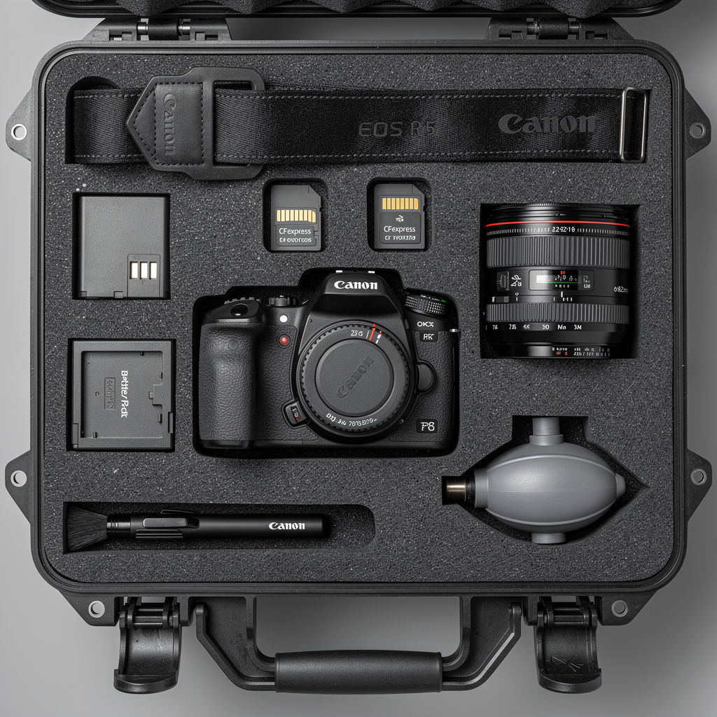FLUX.2 Max - Flat lay of a complete professional photographer's kit: a Canon EOS R5 body with visible mode dial markings, RF 24-70mm f/2.8 lens with correct filter thread size and focus distance window, two CFexpress cards showing pin arrays, a battery with correct contact placement, a lens cleaning pen, a rocket blower, and a camera strap with embossed logo, all arranged in a Pelican case with custom foam cutouts