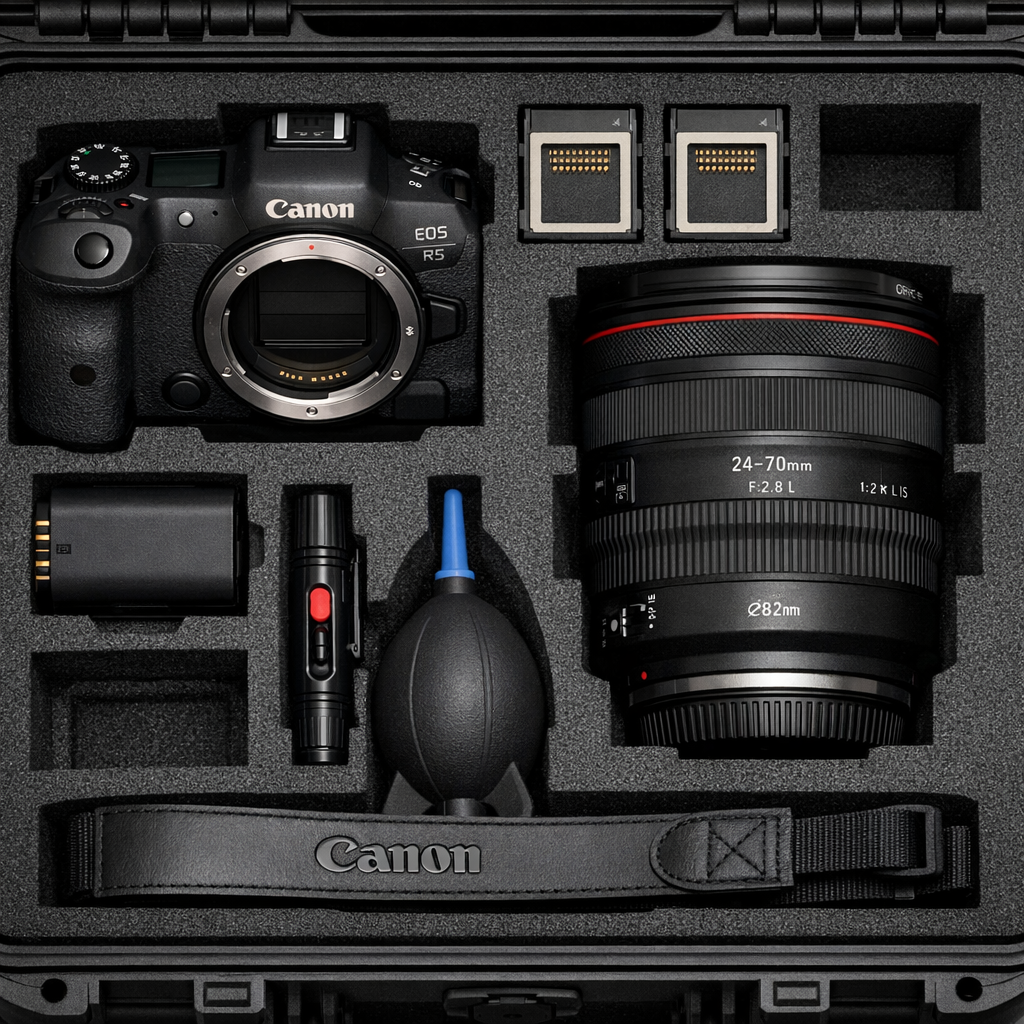 GPT Image 1.5 - Flat lay of a complete professional photographer's kit: a Canon EOS R5 body with visible mode dial markings, RF 24-70mm f/2.8 lens with correct filter thread size and focus distance window, two CFexpress cards showing pin arrays, a battery with correct contact placement, a lens cleaning pen, a rocket blower, and a camera strap with embossed logo, all arranged in a Pelican case with custom foam cutouts