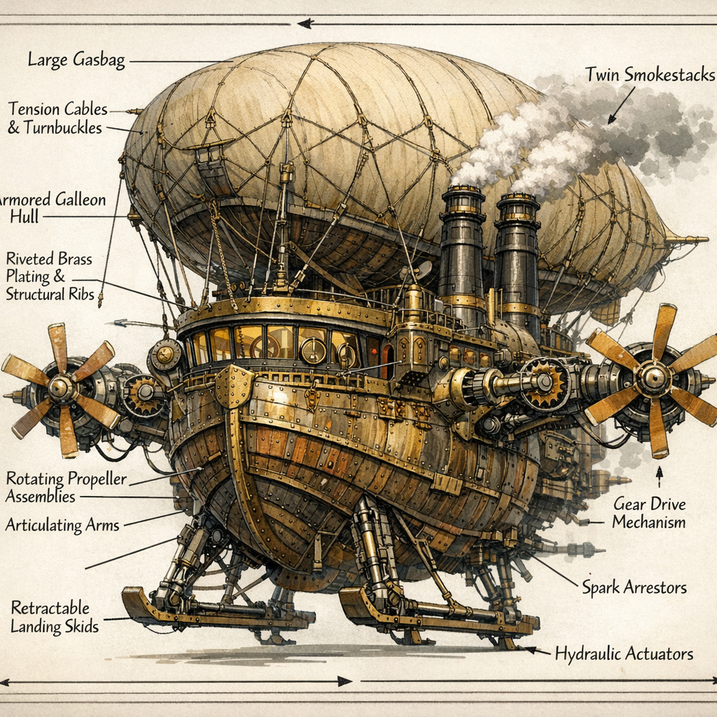 GPT Image 1.5 - Detailed concept art of a steampunk airship in three-quarter front view, the main hull shaped like an armored galleon with riveted brass plating and visible structural ribs, four rotating propeller assemblies mounted on articulating arms with correct gear mesh between drive shafts and prop hubs, a large canvas gasbag above the hull connected by a network of tension cables with turnbuckles, the bridge featuring a row of circular portholes with hinged storm covers, navigation instruments visible through the front windscreen including a ship's wheel and compass binnacle, retractable landing skids in the lowered position showing hydraulic actuator rods, smoke trailing from twin funnel stacks with spark arrestor caps, painted in a detailed technical illustration style with callout labels and dimension lines in the margins