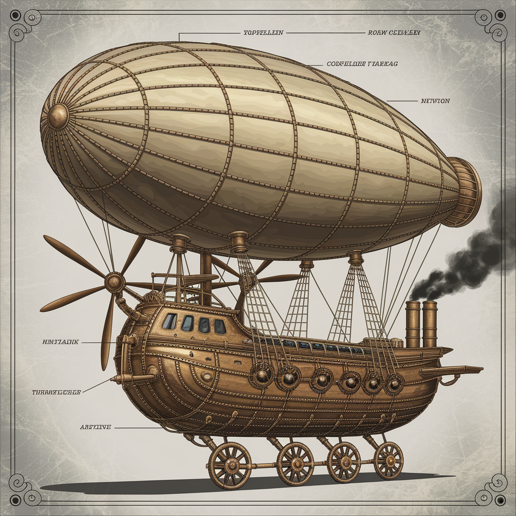 Ideogram 2a - Detailed concept art of a steampunk airship in three-quarter front view, the main hull shaped like an armored galleon with riveted brass plating and visible structural ribs, four rotating propeller assemblies mounted on articulating arms with correct gear mesh between drive shafts and prop hubs, a large canvas gasbag above the hull connected by a network of tension cables with turnbuckles, the bridge featuring a row of circular portholes with hinged storm covers, navigation instruments visible through the front windscreen including a ship's wheel and compass binnacle, retractable landing skids in the lowered position showing hydraulic actuator rods, smoke trailing from twin funnel stacks with spark arrestor caps, painted in a detailed technical illustration style with callout labels and dimension lines in the margins