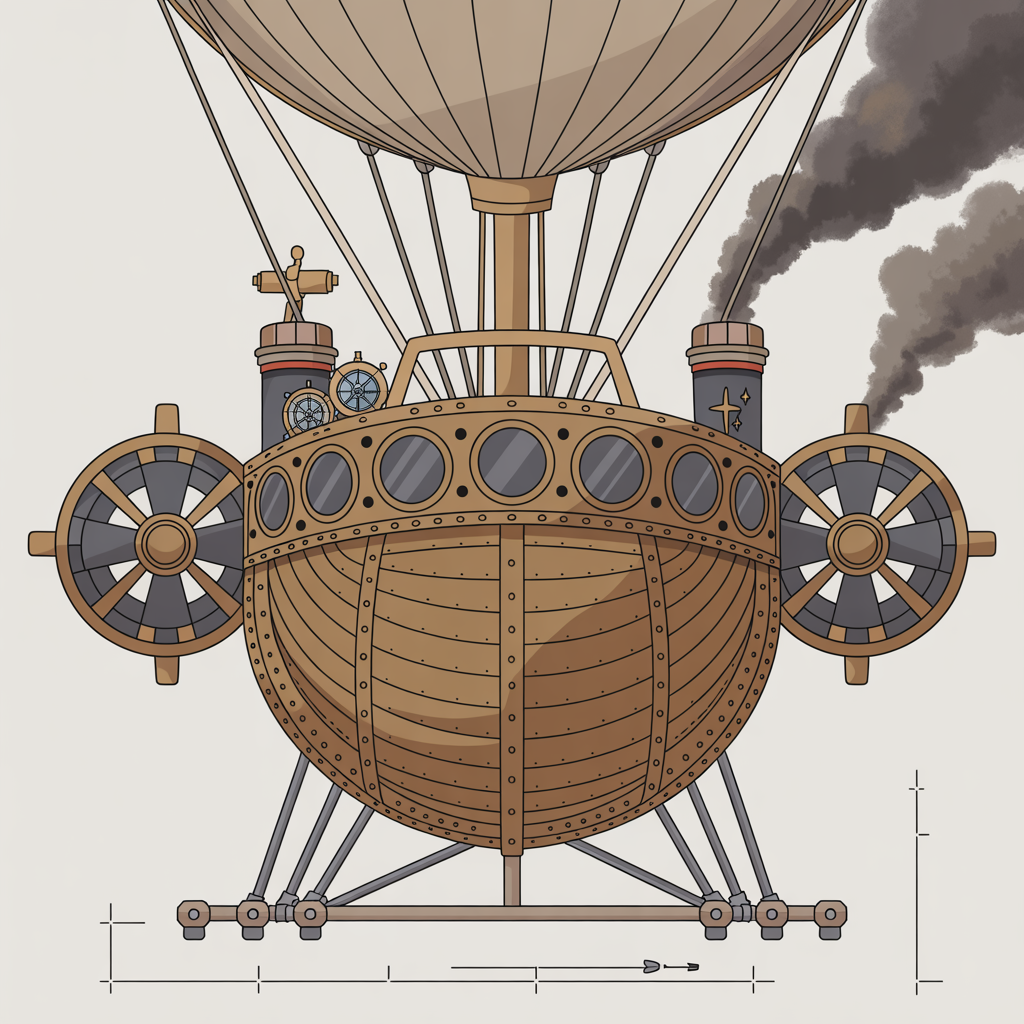 Ideogram 3.0 - Detailed concept art of a steampunk airship in three-quarter front view, the main hull shaped like an armored galleon with riveted brass plating and visible structural ribs, four rotating propeller assemblies mounted on articulating arms with correct gear mesh between drive shafts and prop hubs, a large canvas gasbag above the hull connected by a network of tension cables with turnbuckles, the bridge featuring a row of circular portholes with hinged storm covers, navigation instruments visible through the front windscreen including a ship's wheel and compass binnacle, retractable landing skids in the lowered position showing hydraulic actuator rods, smoke trailing from twin funnel stacks with spark arrestor caps, painted in a detailed technical illustration style with callout labels and dimension lines in the margins
