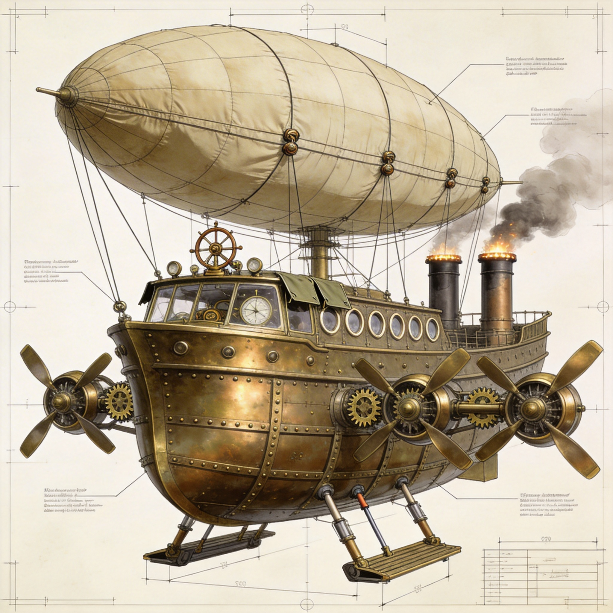 Seedream 4.5 - Detailed concept art of a steampunk airship in three-quarter front view, the main hull shaped like an armored galleon with riveted brass plating and visible structural ribs, four rotating propeller assemblies mounted on articulating arms with correct gear mesh between drive shafts and prop hubs, a large canvas gasbag above the hull connected by a network of tension cables with turnbuckles, the bridge featuring a row of circular portholes with hinged storm covers, navigation instruments visible through the front windscreen including a ship's wheel and compass binnacle, retractable landing skids in the lowered position showing hydraulic actuator rods, smoke trailing from twin funnel stacks with spark arrestor caps, painted in a detailed technical illustration style with callout labels and dimension lines in the margins
