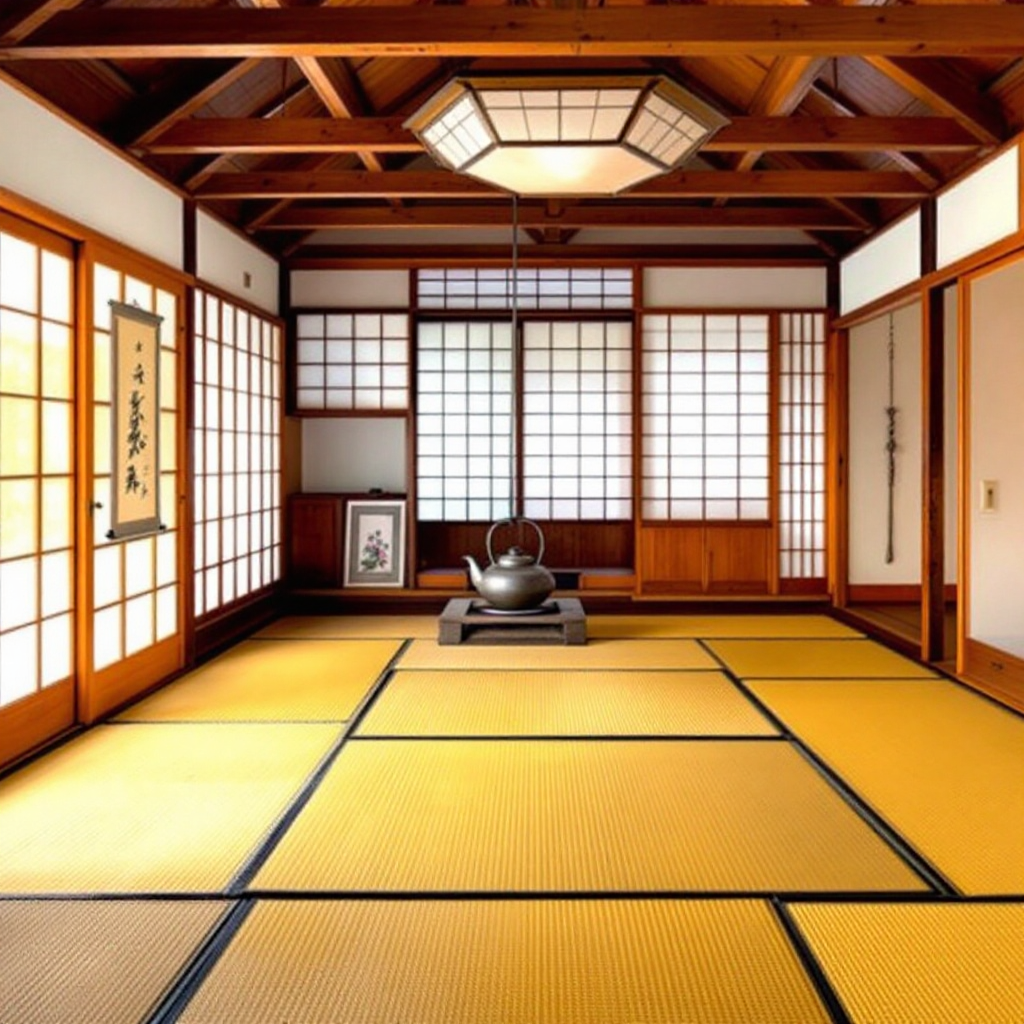 FLUX 1.1 Pro - Detailed interior of a traditional Japanese tea room, tatami mat flooring with visible rush weave texture and correct proportional sizing, a tokonoma alcove with a hanging scroll and single ikebana arrangement, shoji sliding doors with proper kumiko lattice grid spacing, a sunken irori hearth with a suspended iron kettle on an adjustable pot hook, exposed wooden ceiling beams with mortise and tenon joinery
