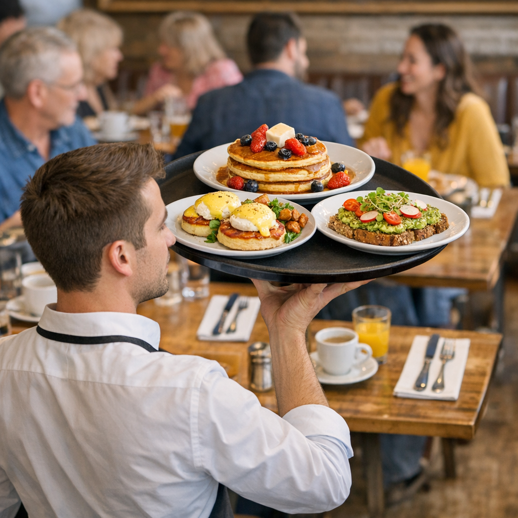 GPT Image 1.5 - Busy Saturday morning brunch restaurant scene, a waiter carrying a tray of three plated dishes navigating between occupied tables, the tray balanced on one hand at shoulder height showing correct wrist angle and spread fingers beneath, each plate containing a different recognizable breakfast — eggs benedict, a stack of pancakes, and avocado toast — tables in background showing consistent place settings with silverware on correct sides