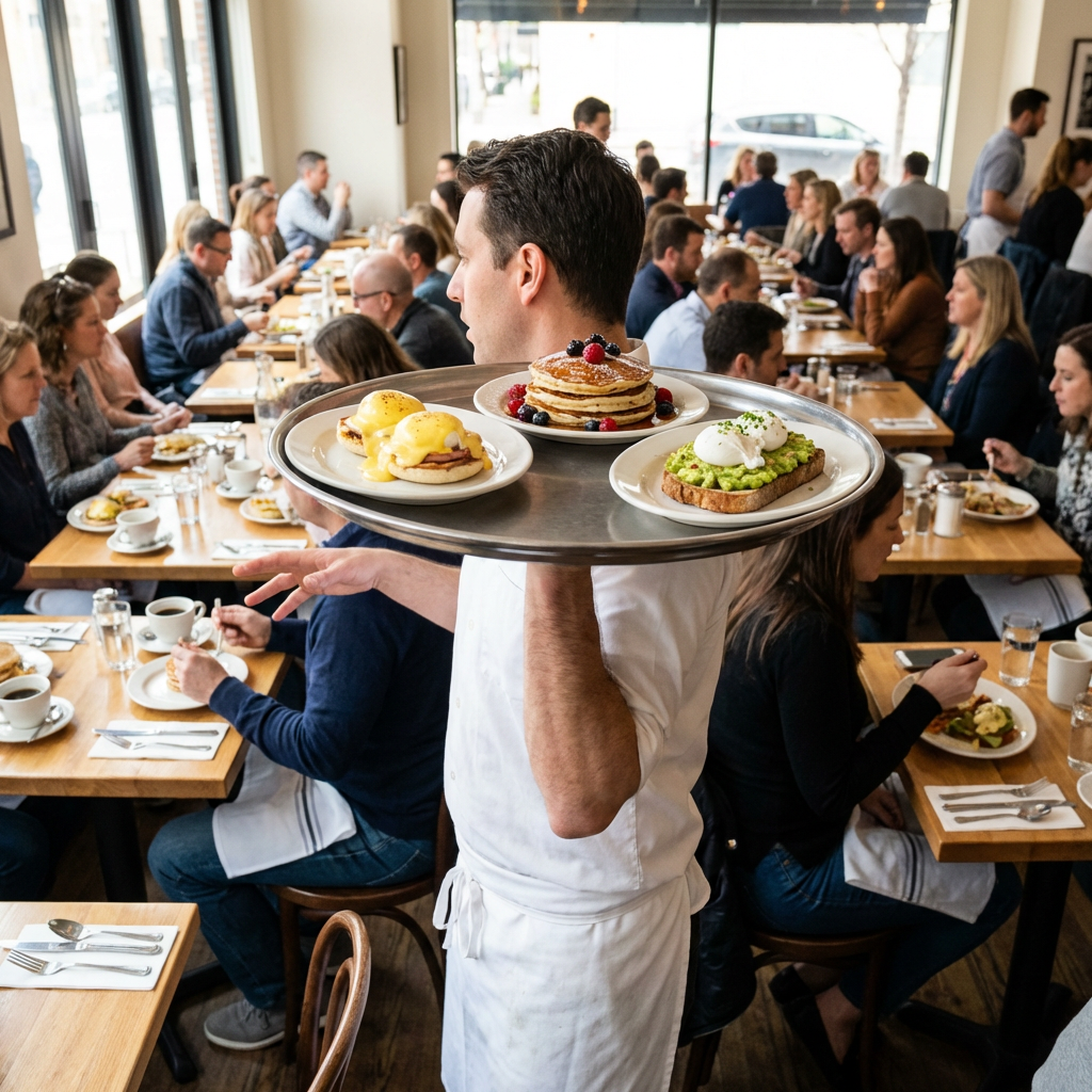 Nano Banana Pro - Busy Saturday morning brunch restaurant scene, a waiter carrying a tray of three plated dishes navigating between occupied tables, the tray balanced on one hand at shoulder height showing correct wrist angle and spread fingers beneath, each plate containing a different recognizable breakfast — eggs benedict, a stack of pancakes, and avocado toast — tables in background showing consistent place settings with silverware on correct sides