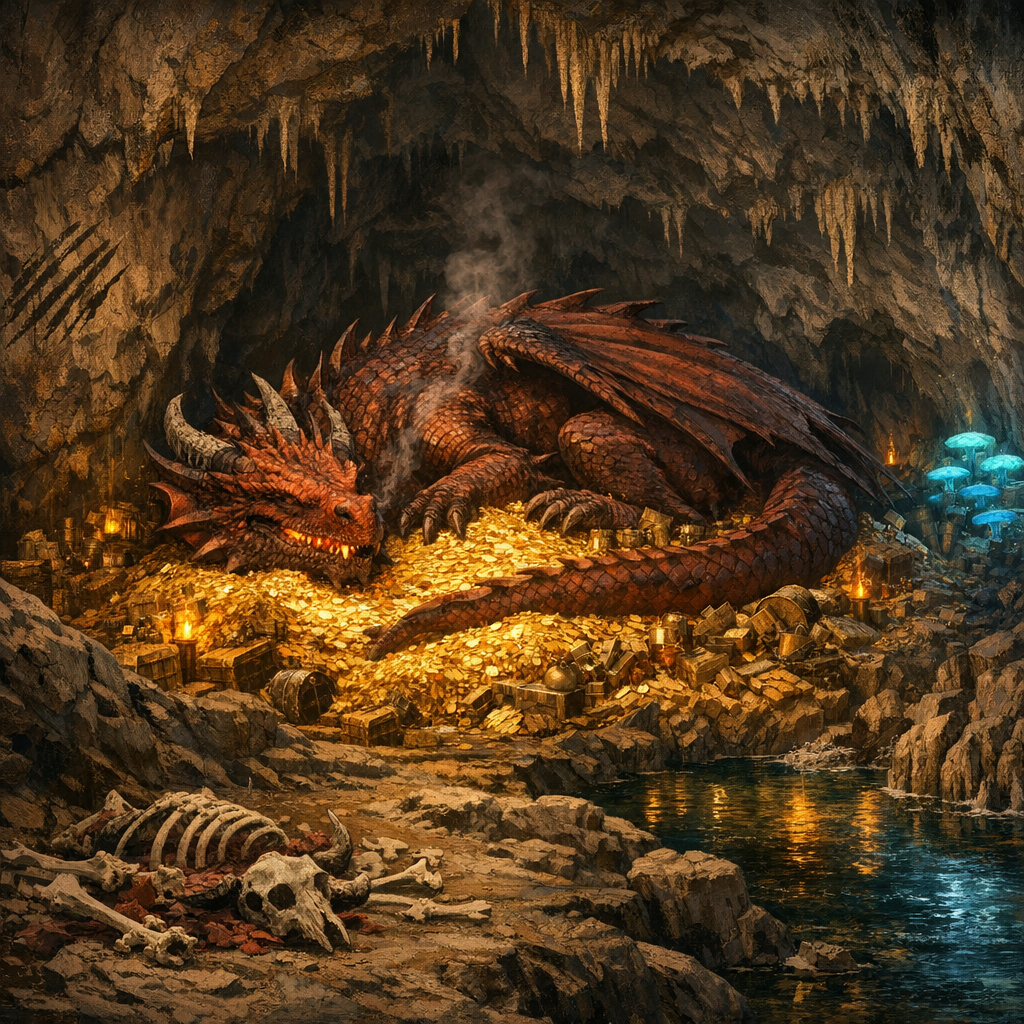 GPT Image 1.5 - Concept art of a dragon's treasure hoard cavern serving as a lived-in lair, the enormous sleeping dragon curled atop a mountain of gold coins and artifacts with its body weight creating a visible depression in the pile, scale size consistent between the dragon's body, the treasure, and architectural elements of the cave, half-eaten livestock bones scattered near the entrance scaled correctly relative to the dragon's jaw size, claw marks gouged into the stone walls at heights consistent with the dragon's reach, an underground river flowing along one wall reflecting the gold's warm glow, stalactites and stalagmites showing thousands of years of mineral growth except where broken by the dragon's movements, ambient light sources including bioluminescent cave fungi and the faint orange glow from the dragon's partially open maw revealing embers between its teeth