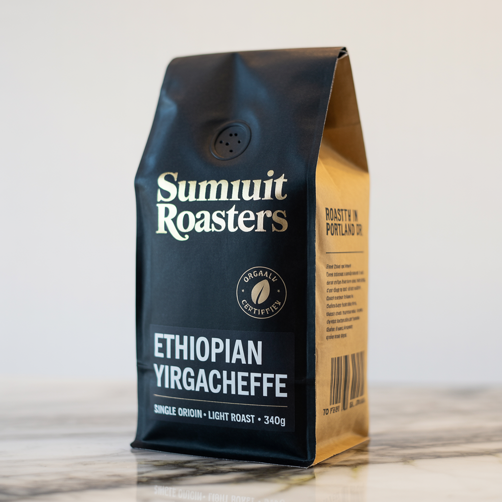 Ideogram 3.0 - Product photography of a premium coffee bag standing upright on a marble countertop, the bag made of matte black kraft paper with a clear window showing whole beans inside, the front label reading SUMMIT ROASTERS in gold foil embossed serif font at the top, below that ETHIOPIAN YIRGACHEFFE in smaller white sans-serif, below that SINGLE ORIGIN * LIGHT ROAST * 340G in even smaller caps, a circular certification stamp reading ORGANIC CERTIFIED in a ring around a leaf icon, on the side of the bag a barcode and the text ROASTED IN PORTLAND OR