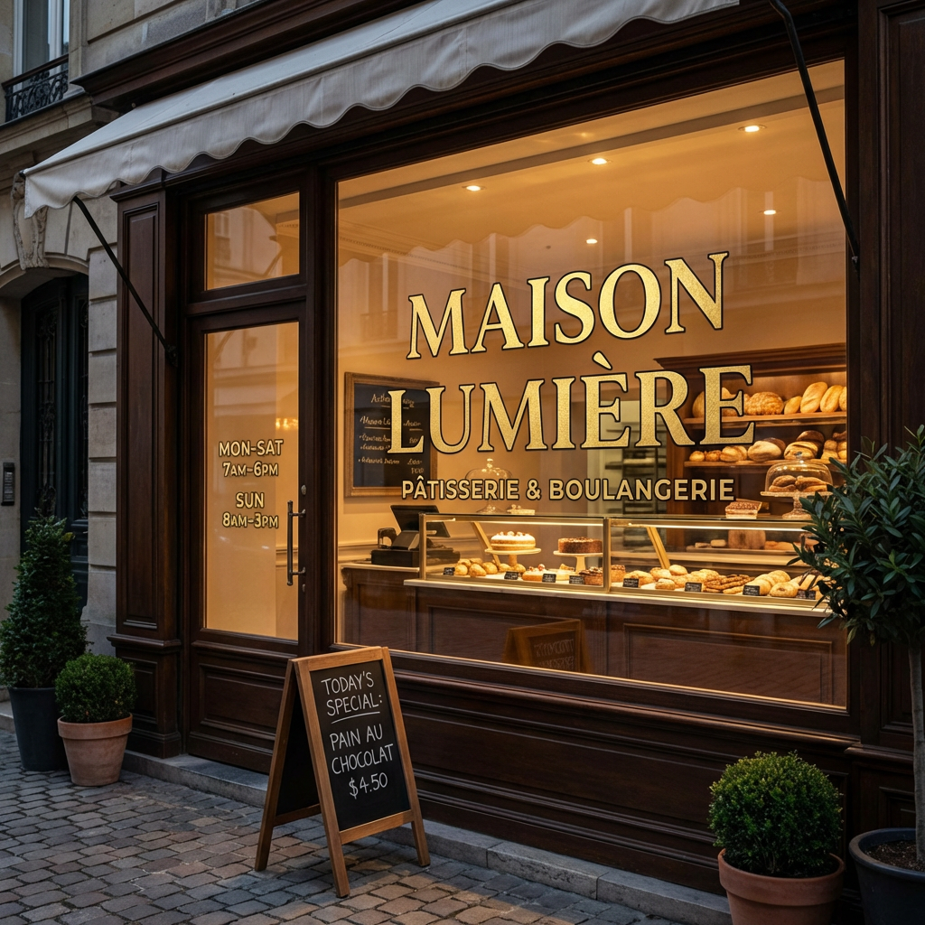 Nano Banana Pro - Storefront photograph of an upscale bakery with a large window display, the shop name MAISON LUMIÈRE in elegant gold leaf lettering on the glass, below in smaller text PÂTISSERIE & BOULANGERIE, OPEN hours painted on the door reading MON-SAT 7AM-6PM and SUN 8AM-3PM, a small sandwich board on the sidewalk reading TODAY'S SPECIAL: PAIN AU CHOCOLAT $4.50, warm interior glow visible through the window showing pastry displays
