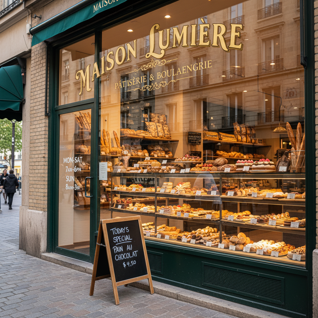 Nano Banana - Storefront photograph of an upscale bakery with a large window display, the shop name MAISON LUMIÈRE in elegant gold leaf lettering on the glass, below in smaller text PÂTISSERIE & BOULANGERIE, OPEN hours painted on the door reading MON-SAT 7AM-6PM and SUN 8AM-3PM, a small sandwich board on the sidewalk reading TODAY'S SPECIAL: PAIN AU CHOCOLAT $4.50, warm interior glow visible through the window showing pastry displays
