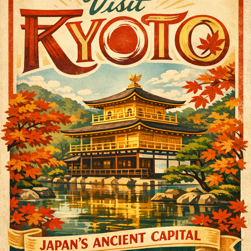 GPT Image 1.5 - Hand-lettered illustration for a vintage-style travel poster advertising VISIT KYOTO in large decorative type at the top, rendered in a retro 1950s tourism poster style with a stylized illustration of Kinkaku-ji temple below surrounded by maple trees in autumn colors, at the bottom in a banner ribbon the text JAPAN'S ANCIENT CAPITAL in smaller refined uppercase, and below that JAPAN NATIONAL TOURISM BOARD in the smallest text, the word KYOTO featuring decorative elements integrated into the letterforms — the K incorporating a torii gate shape and the O containing a zen circle, limited color palette of vermillion, gold, deep green, and cream, slight paper texture overlay, the overall composition following classic WPA poster proportions