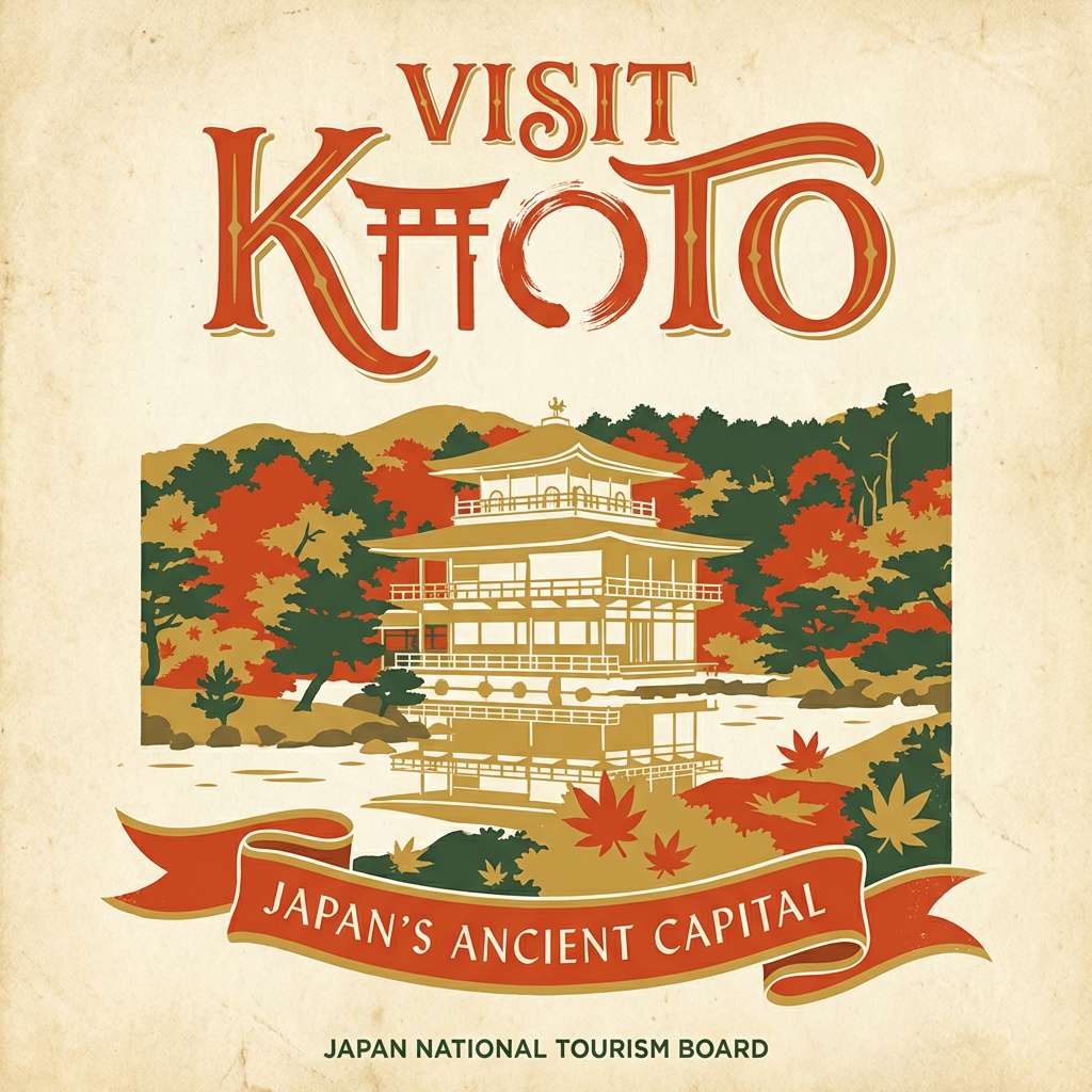 Nano Banana Pro - Hand-lettered illustration for a vintage-style travel poster advertising VISIT KYOTO in large decorative type at the top, rendered in a retro 1950s tourism poster style with a stylized illustration of Kinkaku-ji temple below surrounded by maple trees in autumn colors, at the bottom in a banner ribbon the text JAPAN'S ANCIENT CAPITAL in smaller refined uppercase, and below that JAPAN NATIONAL TOURISM BOARD in the smallest text, the word KYOTO featuring decorative elements integrated into the letterforms — the K incorporating a torii gate shape and the O containing a zen circle, limited color palette of vermillion, gold, deep green, and cream, slight paper texture overlay, the overall composition following classic WPA poster proportions