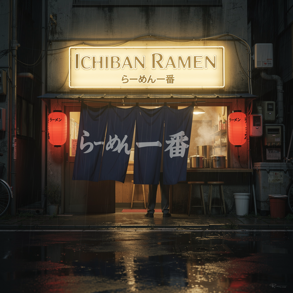 FLUX.2 Max - Anime scene of a ramen shop at night, the noren curtain reading らーめん一番 in white characters on navy fabric, a glowing sign above reading ICHIBAN RAMEN in both Japanese and English, warm light spilling out