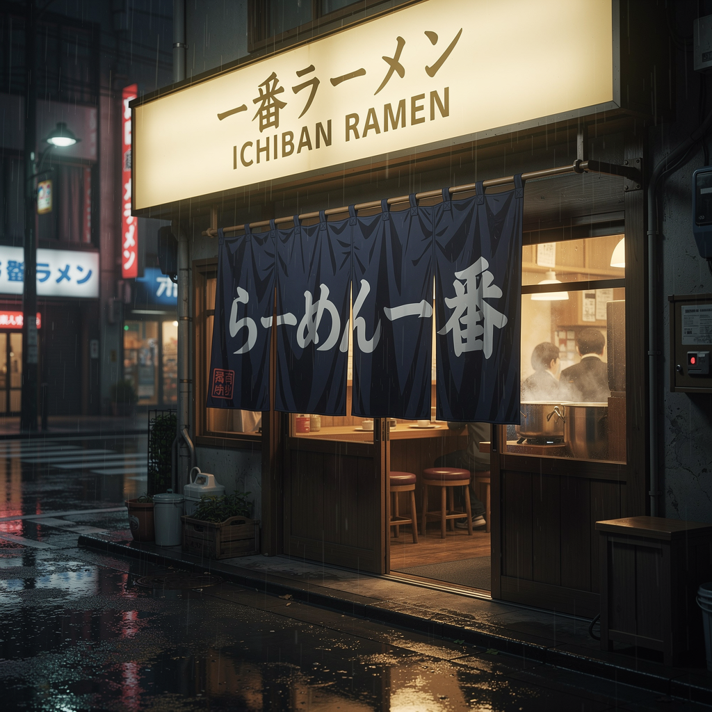 FLUX.2 Pro - Anime scene of a ramen shop at night, the noren curtain reading らーめん一番 in white characters on navy fabric, a glowing sign above reading ICHIBAN RAMEN in both Japanese and English, warm light spilling out