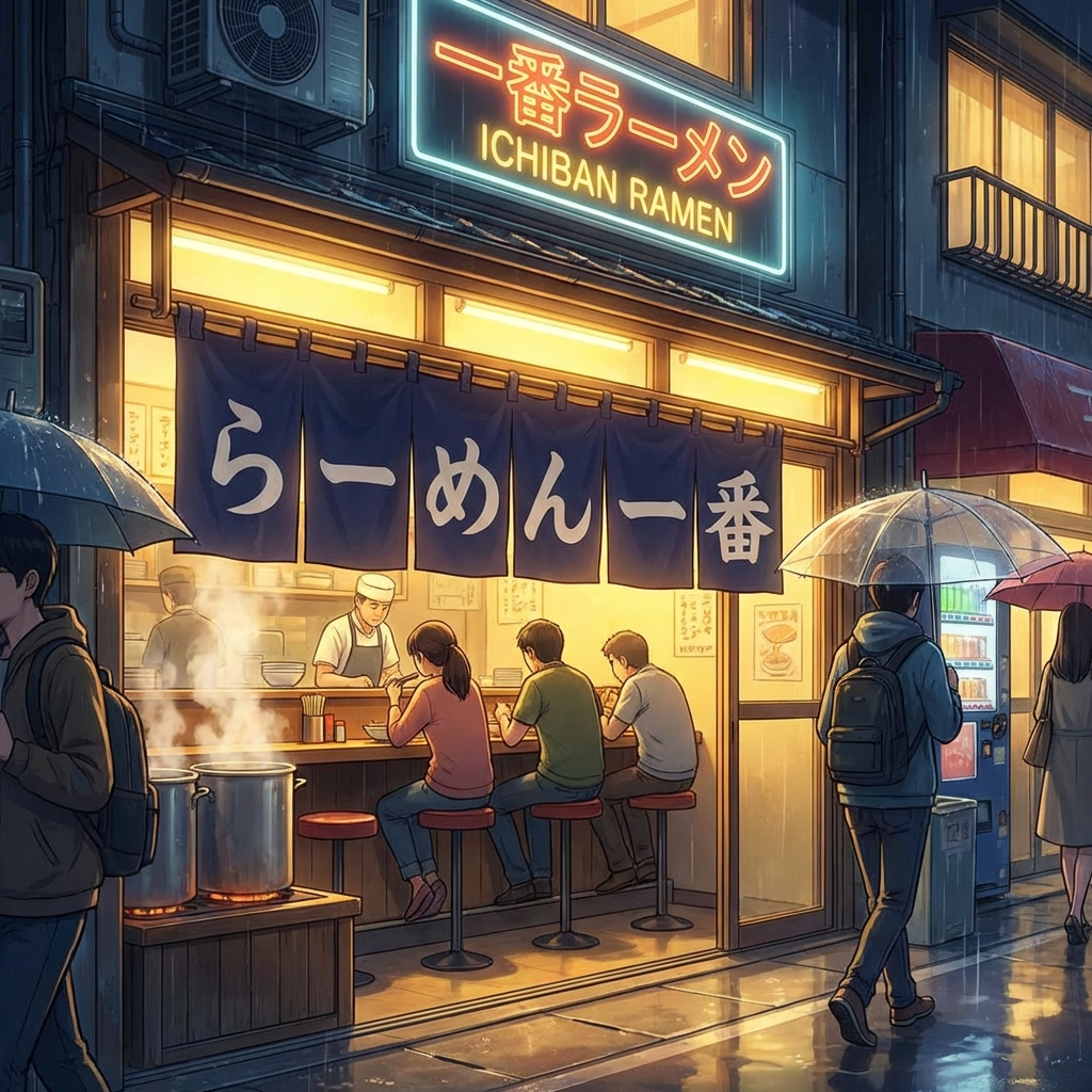 Nano Banana Pro - Anime scene of a ramen shop at night, the noren curtain reading らーめん一番 in white characters on navy fabric, a glowing sign above reading ICHIBAN RAMEN in both Japanese and English, warm light spilling out