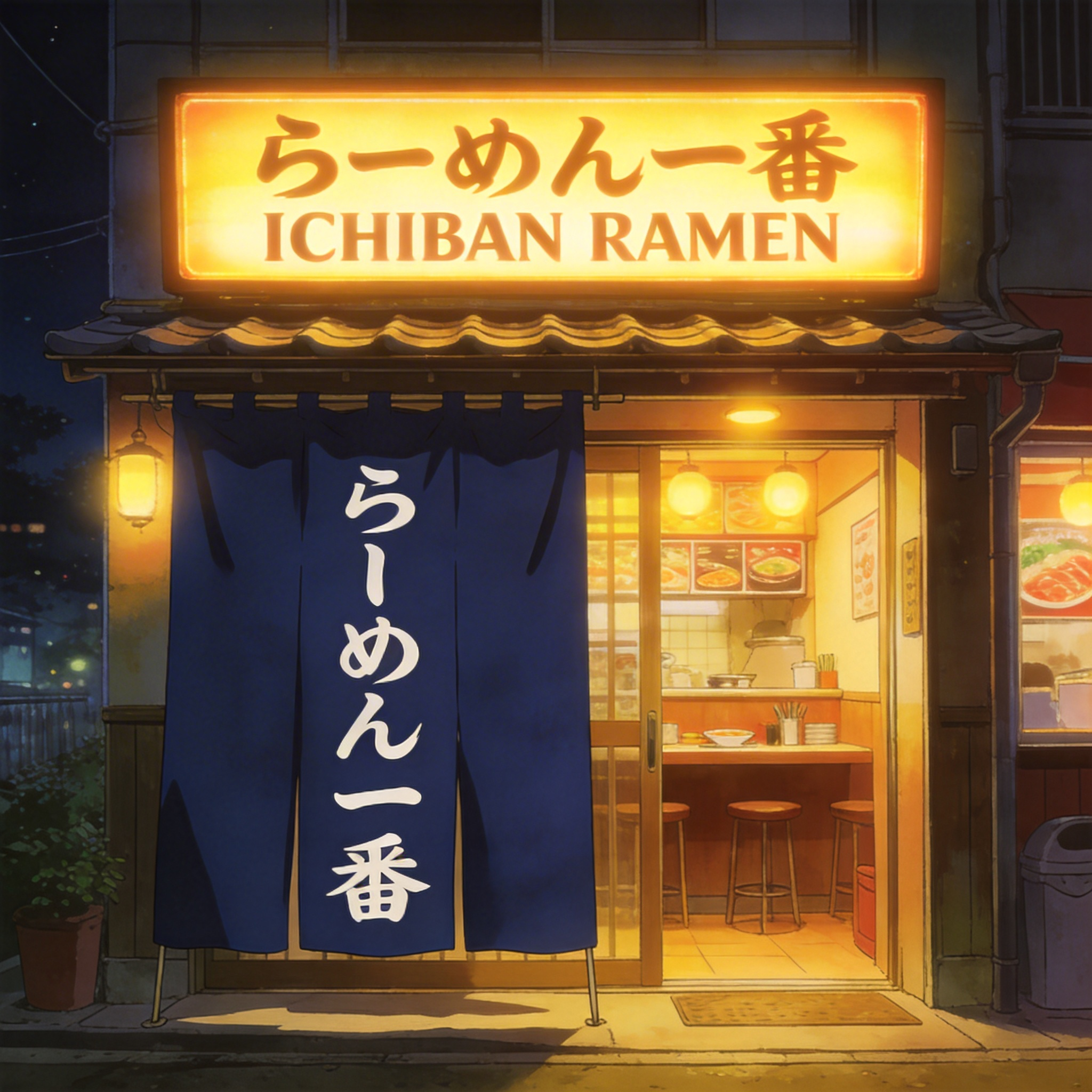 Seedream 4.5 - Anime scene of a ramen shop at night, the noren curtain reading らーめん一番 in white characters on navy fabric, a glowing sign above reading ICHIBAN RAMEN in both Japanese and English, warm light spilling out
