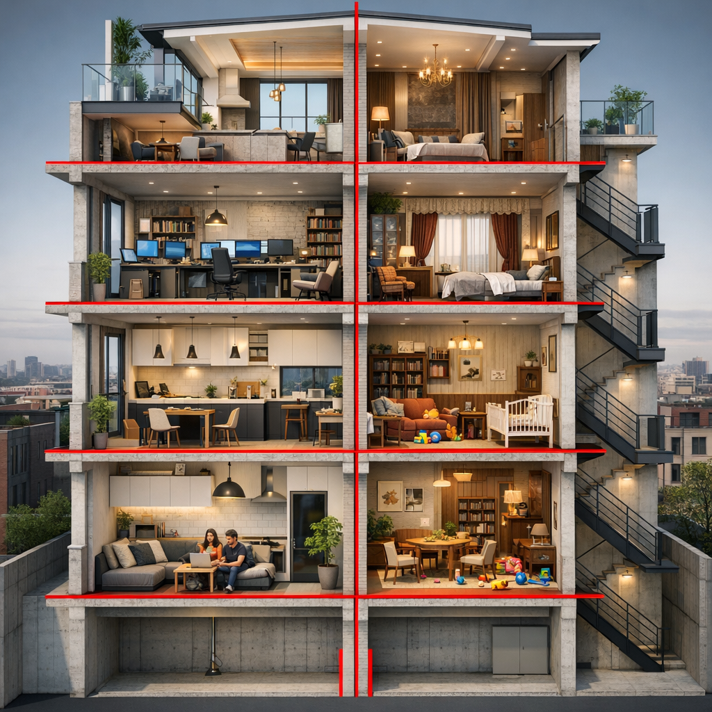 GPT Image 1.5 - Architectural visualization 3D render using a vertical cutaway section view of a five-story modern apartment building, slicing through the center to reveal all floors simultaneously like a dollhouse, each apartment showing a different resident's lifestyle — ground floor: a young couple's minimalist studio with open kitchen, second floor: a family apartment with children's toys scattered and a baby crib in the bedroom, third floor: an elderly person's traditional-decorated flat with heavy curtains and bookshelves, fourth floor: a work-from-home professional's loft with multiple monitors and a standing desk, penthouse: a luxury unit with double-height ceilings and a rooftop terrace, consistent structural elements running through all floors — load-bearing walls aligning vertically, plumbing stacks in the same position, stairwell on the right side, each floor at correct ceiling height with visible floor slabs, rendered in V-Ray with section line highlighted in red