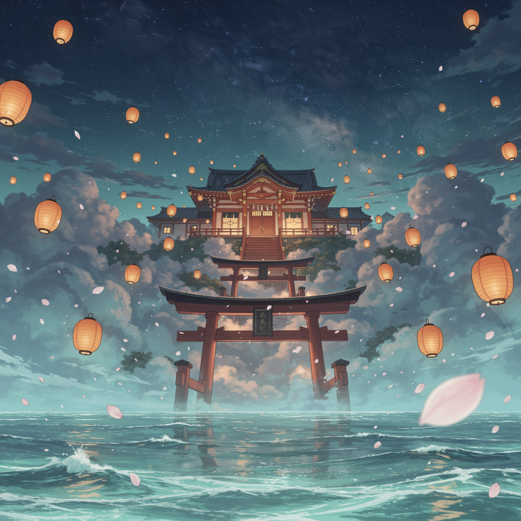 FLUX.2 Pro - Anime landscape of a fantastical floating shrine above a bioluminescent ocean at twilight, massive torii gate emerging from the water below, cherry blossom petals carried on the wind between the shrine and the sea surface, painted in the style of Makoto Shinkai with characteristic lens flares and volumetric god rays through scattered clouds, the water surface reflecting both the shrine above and the bioluminescent organisms below creating a dual-light-source reflection, highly detailed background with distant floating islands silhouetted against a gradient sky