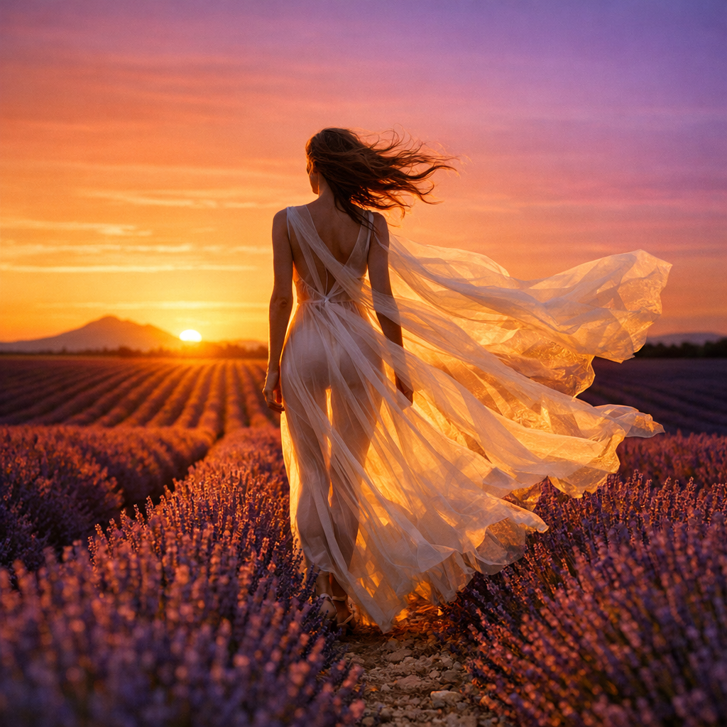 GPT Image 1.5 - High-fashion cinematic photograph of a model standing in an immense field of lavender in Provence at the moment the sun dips below the horizon, the entire scene bathed in the last seconds of direct golden light that makes the lavender rows glow in alternating stripes of violet and amber shadow, the model wearing a diaphanous ivory organza gown that becomes translucent when backlit by the low sun revealing the silhouette beneath, the fabric billowing dramatically to the right caught by the Mistral wind, hair similarly wind-swept creating dynamic flowing shapes, the composition placing the model at the intersection of converging lavender rows creating strong one-point perspective, the sky above transitioning through a complete warm spectrum from gold at the horizon through salmon and rose to deep violet overhead, Hasselblad X2D with XCD 90mm f/2.5 creating medium format rendering with creamy dimensional separation, the overall aesthetic referencing Terrence Malick's natural light philosophy filtered through a high-fashion editorial sensibility