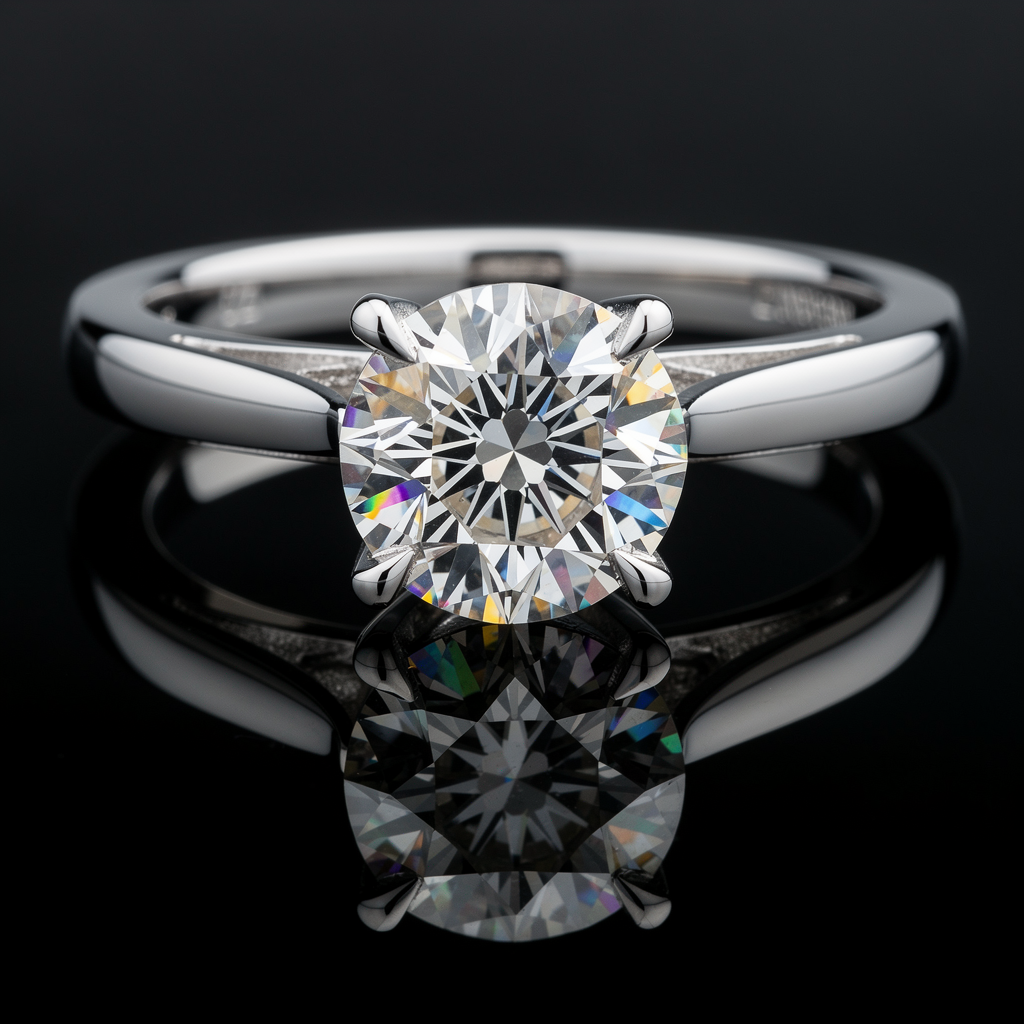 FLUX.2 Max - Ultra high-resolution commercial photograph of a diamond engagement ring on a reflective black glass surface, the round brilliant cut diamond showing precise facet geometry with fire — spectral light dispersion splitting white light into rainbow flashes along the crown facets, the platinum band's mirror finish reflecting a clean studio environment, shot with Hasselblad H6D-400c MS with HC Macro 120mm, focus stacked for complete depth