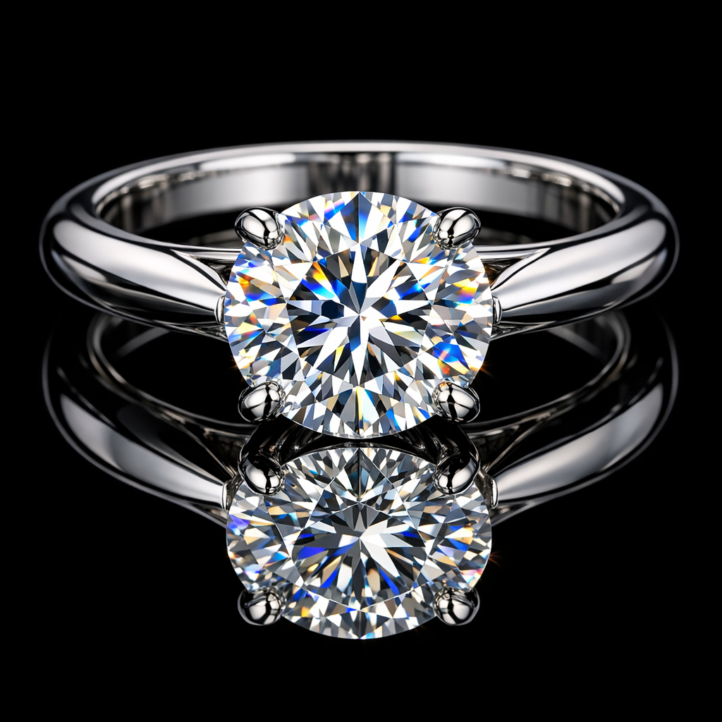 GPT Image 1.5 - Ultra high-resolution commercial photograph of a diamond engagement ring on a reflective black glass surface, the round brilliant cut diamond showing precise facet geometry with fire — spectral light dispersion splitting white light into rainbow flashes along the crown facets, the platinum band's mirror finish reflecting a clean studio environment, shot with Hasselblad H6D-400c MS with HC Macro 120mm, focus stacked for complete depth