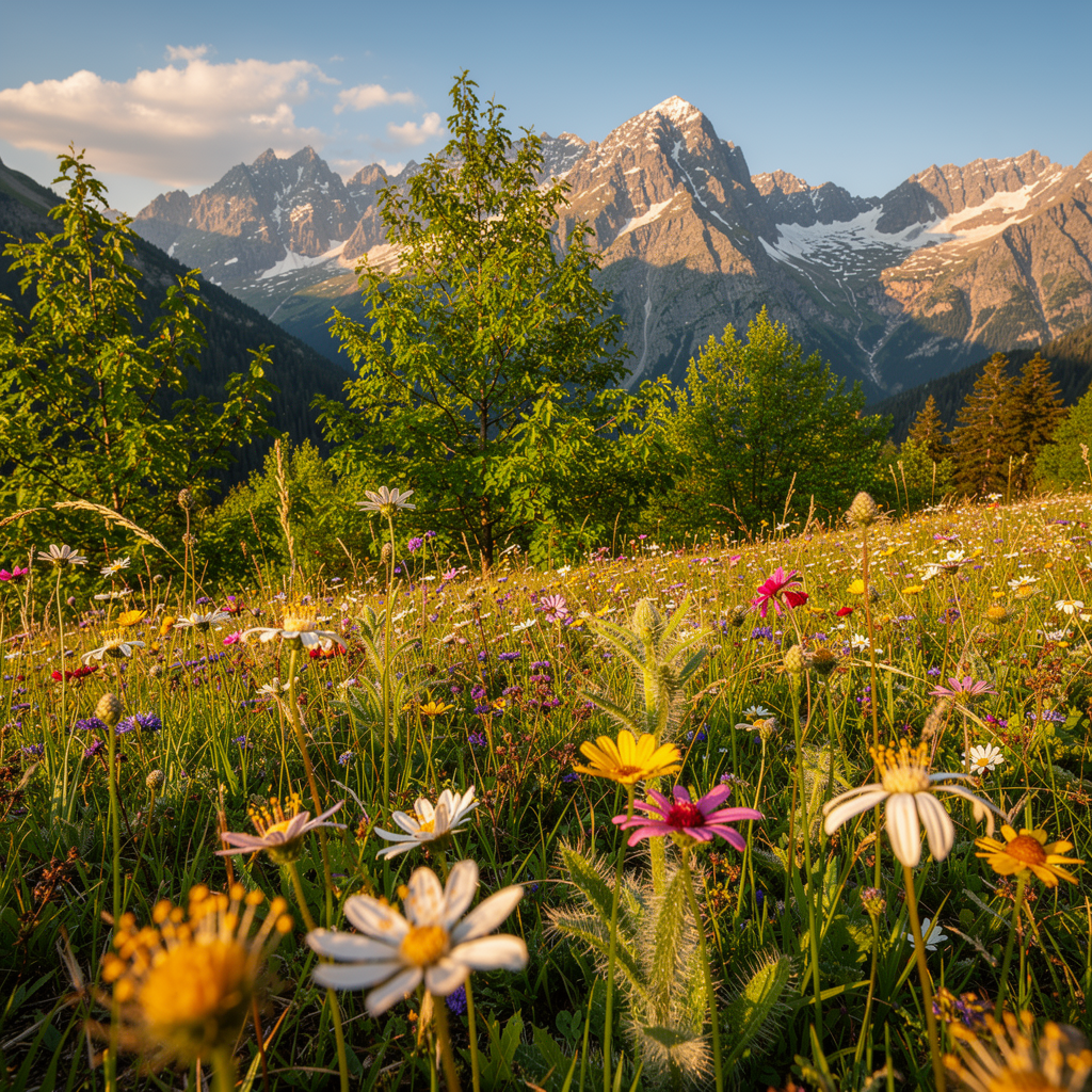 FLUX.2 Max - Ultra-sharp landscape of a mountain meadow with wildflowers, shot with focus stacking technique showing tack-sharp detail from the closest wildflower to the distant peaks, individual pollen grains visible on the nearest stamens, medium format rendering with the characteristic shallow depth transition of a Hasselblad X2D with XCD 38V lens, morning golden hour light raking across the meadow creating long shadows behind each flower stem