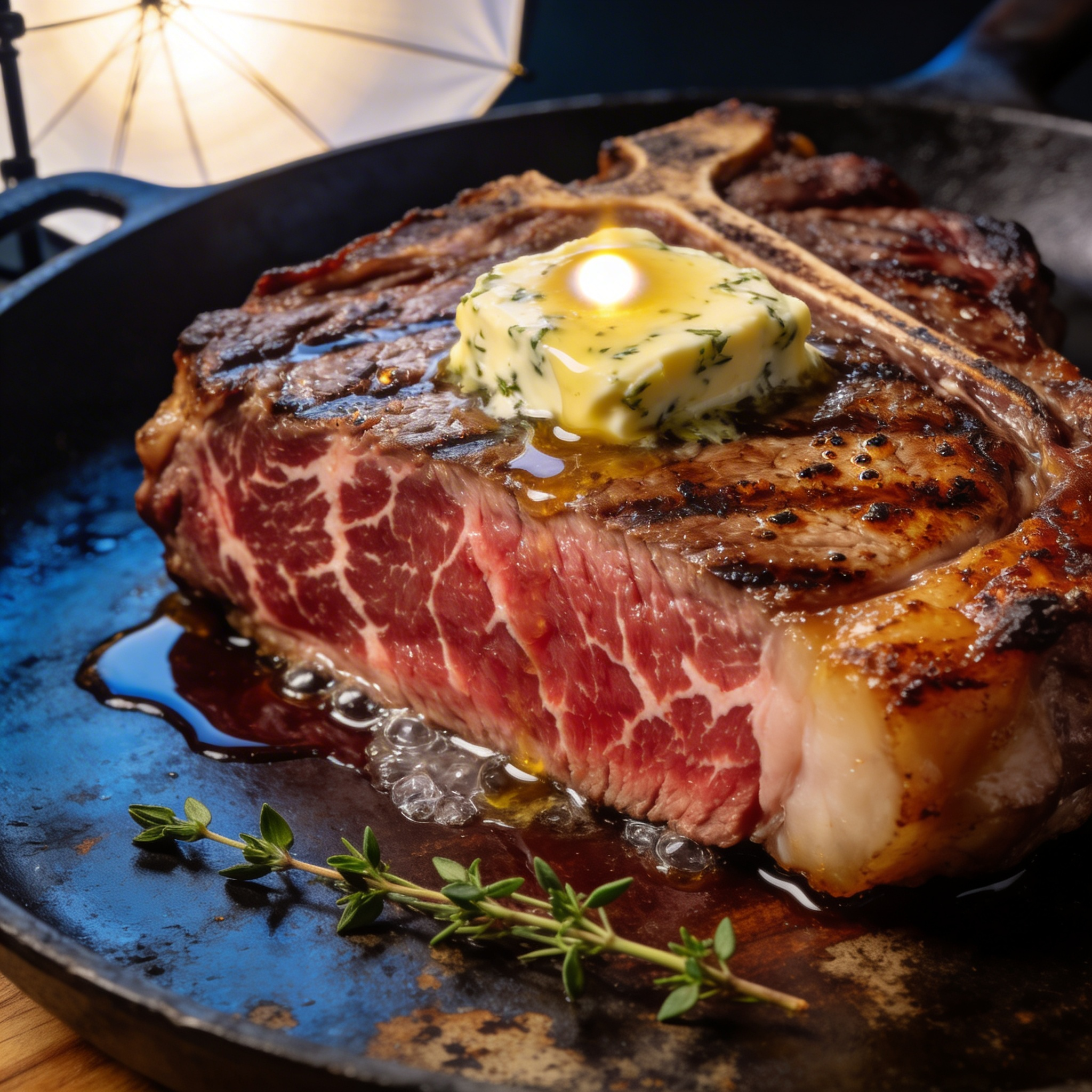 Seedream 4.5 - Magazine-quality food photograph of a freshly sliced medium-rare wagyu ribeye steak on a heated cast iron plate, the cross-section showing extraordinarily detailed marbling — white fat dispersed in a complex web throughout the deep ruby-red meat with a perfectly even pink-to-brown gradient from center to the thin Maillard-crusted exterior, surface showing individual grill marks with caramelized sugars visible as darker micro-blisters within the sear, juices pooling on the cutting board rendered with crystal clarity showing the liquid's slight viscosity, a pat of herb compound butter melting on top with the butter transitioning from solid to liquid in a realistic gradient, fresh thyme sprig garnish with individual leaf pairs visible, the cast iron's seasoned surface texture evident including minor patina variations, shot tethered to a calibrated Eizo monitor for precise color accuracy, Fujifilm GFX 100 II with 110mm macro at f/8, Profoto D2 key light through a large silk diffusion panel creating soft directional light with a single specular highlight on the butter