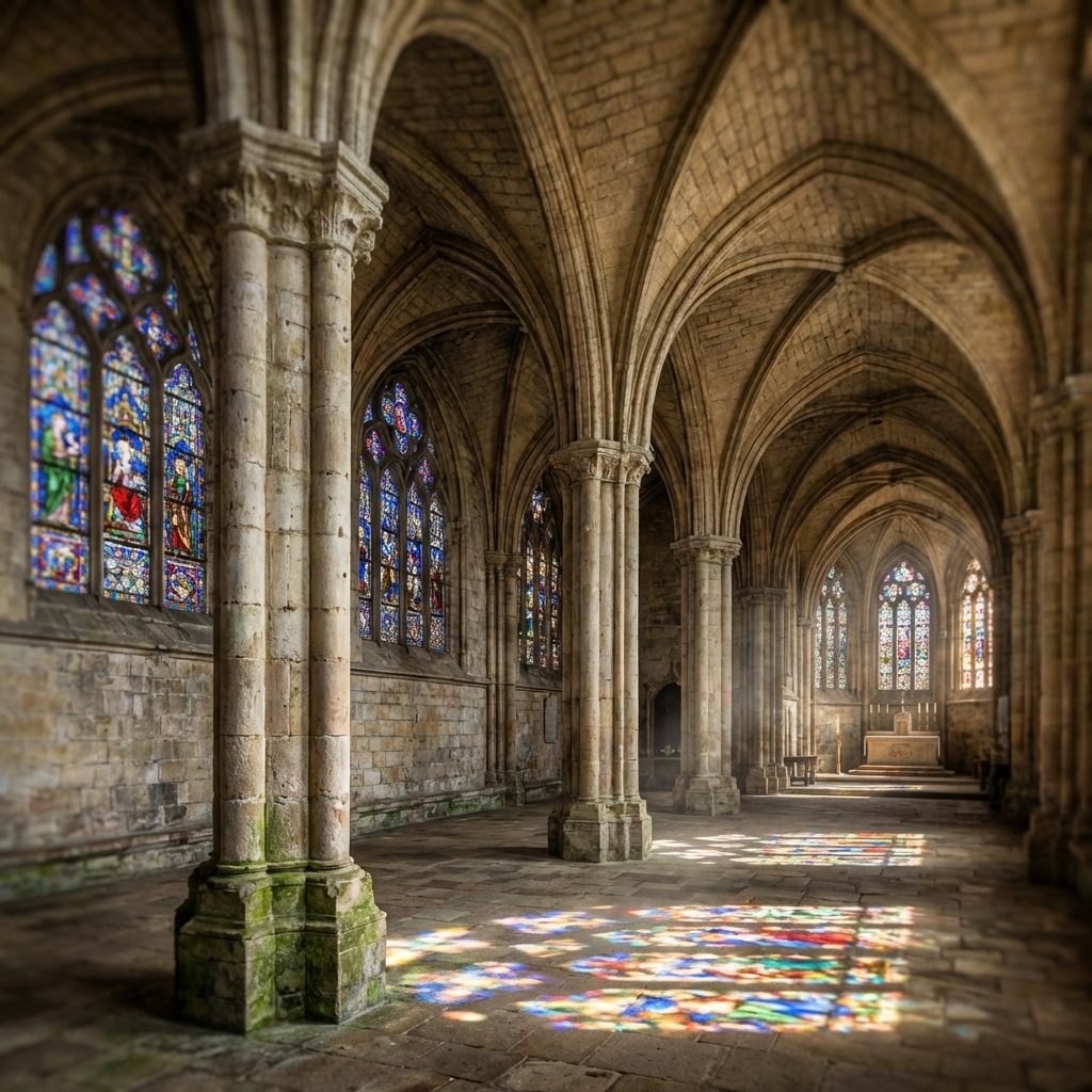 Nano Banana Pro - Interior photograph of a centuries-old cathedral nave showing extraordinary detail in the stone vaulting, each ashlar block's individual chisel marks and weathering patterns visible, stained glass window casting complex colored light patterns on the floor with accurate color mixing where projections overlap, dust motes sharply frozen in shafts of sunlight, tilt-shift corrected verticals, uniform sharpness from the nearest column base to the farthest apse