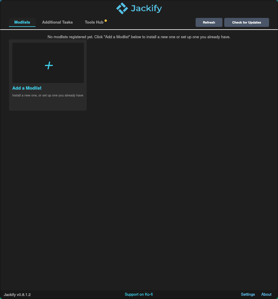 The Jackify GUI, with no modlists registered yet