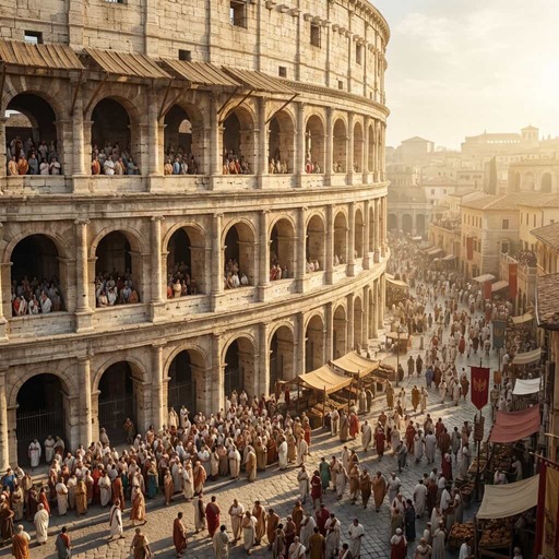 Ancient Rome at its peak, the Colosseum intact and crowded, citizens in togas, golden afternoon light, cinematic historical epic