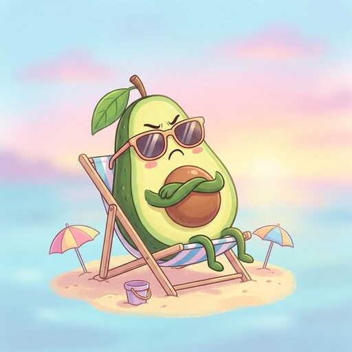 A grumpy avocado with arms crossed, wearing sunglasses, cartoon style, pastel background, anthropomorphic food character