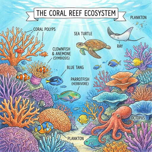 A coral reef ecosystem illustration showing fish, coral, and marine life in their habitat, educational nature illustration, vibrant colors