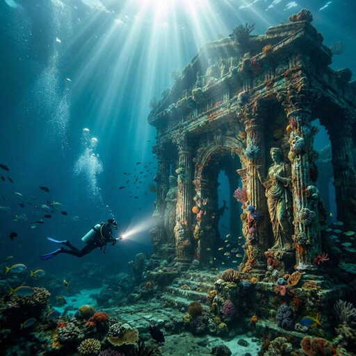 A scuba diver discovering an ancient sunken temple covered in coral, dramatic light rays through water, mysterious underwater atmosphere