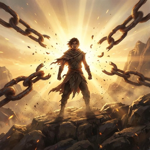 A person breaking free from chains, shattered links flying outward, dramatic backlight, powerful liberation moment, inspirational concept art