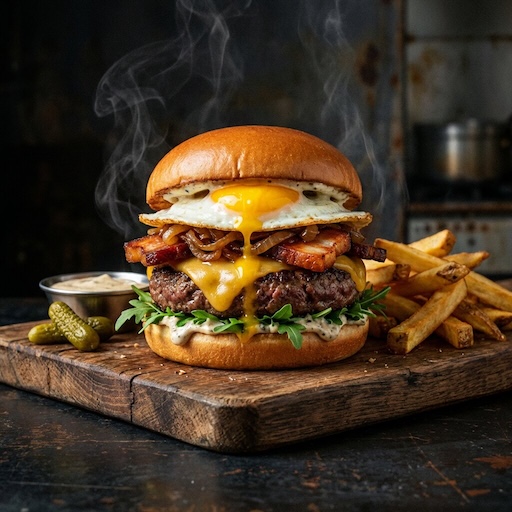 A gourmet burger on a rustic wooden board, steam rising, fresh ingredients, professional food photography, dark moody background
