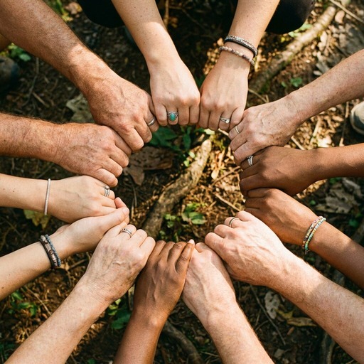 Diverse group of hands joined together in a circle from above, warm natural lighting, unity and togetherness concept, powerful composition