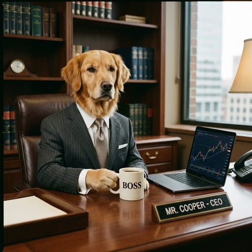 A golden retriever in a business suit sitting at an executive desk, corporate office background, serious professional demeanor, cinematic portrait