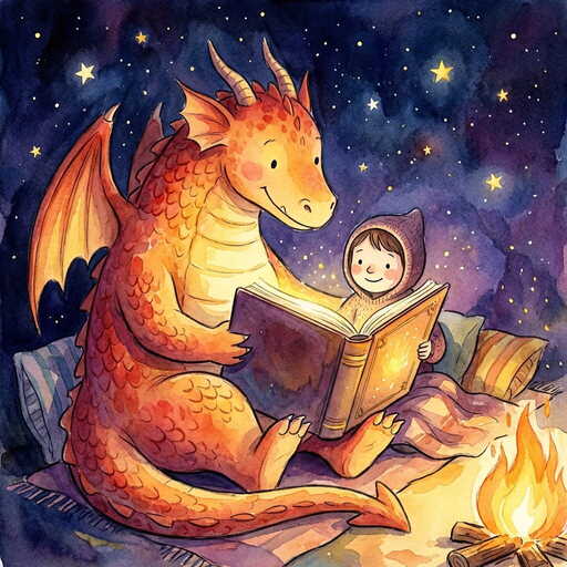 A friendly dragon and a small child reading a book together under a starry sky, whimsical watercolor illustration style, warm and cozy